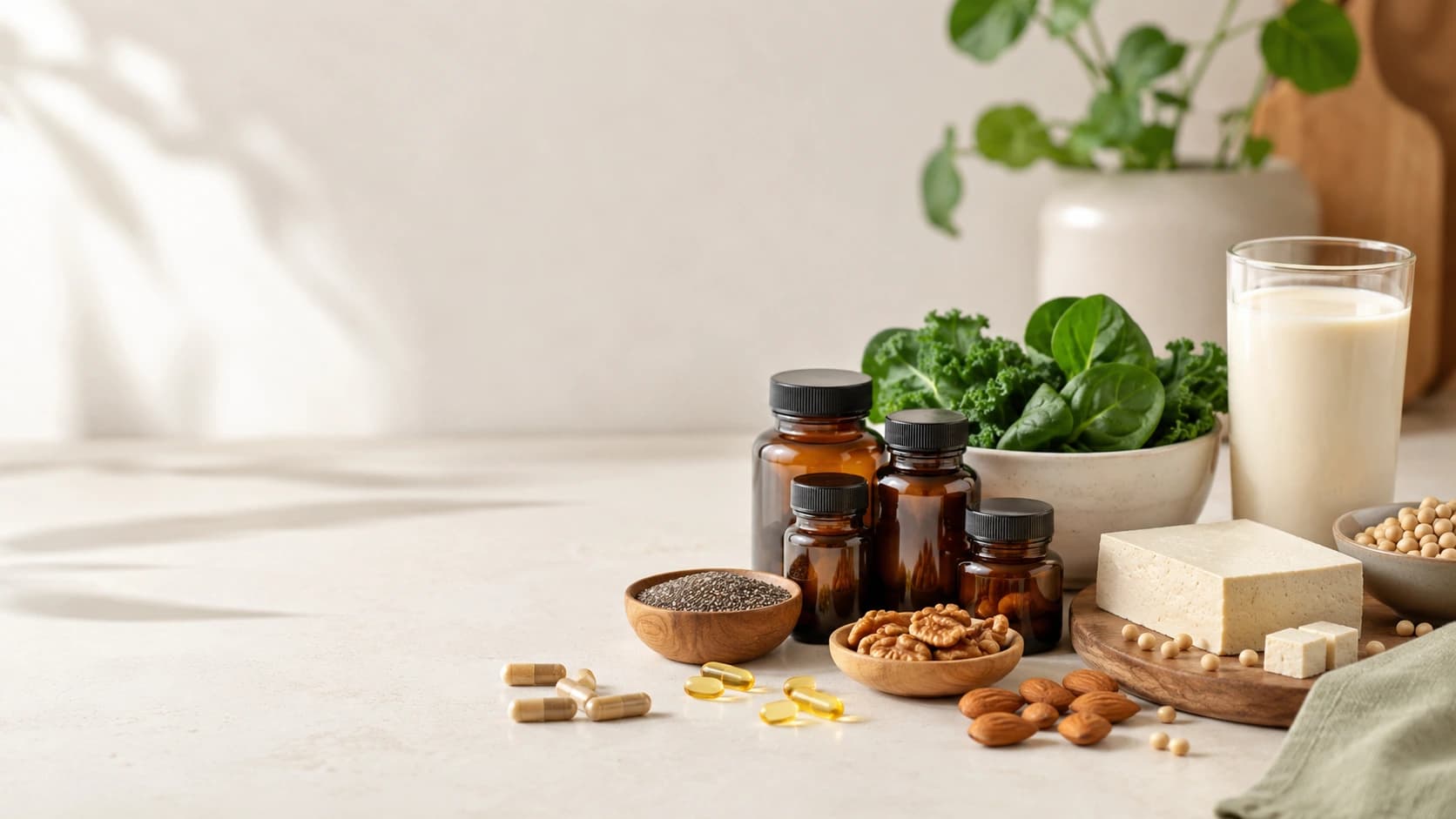 Vegan supplements with plant-based foods including leafy greens, tofu, nuts, seeds, and plant milk