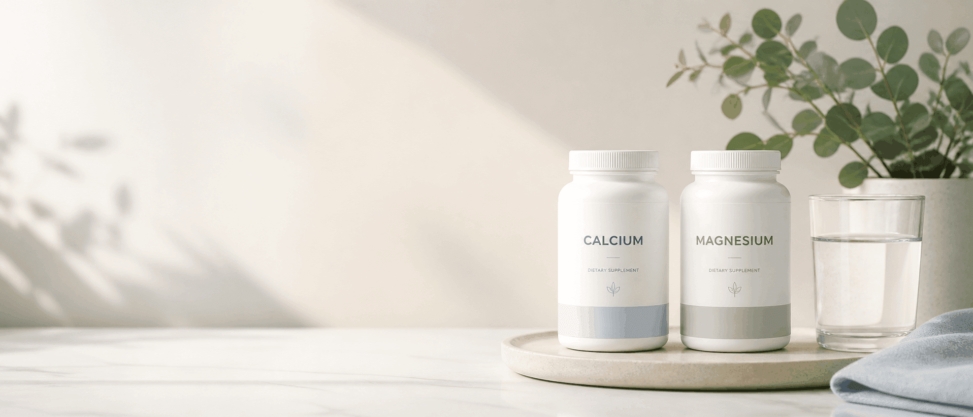 Calcium and magnesium supplement bottles beside a glass of water in a minimalist wellness setting