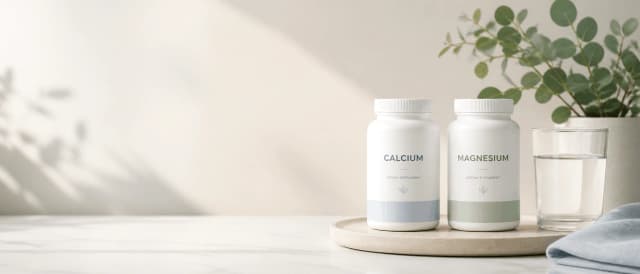 Calcium and magnesium supplement bottles beside a glass of water in a minimalist wellness setting