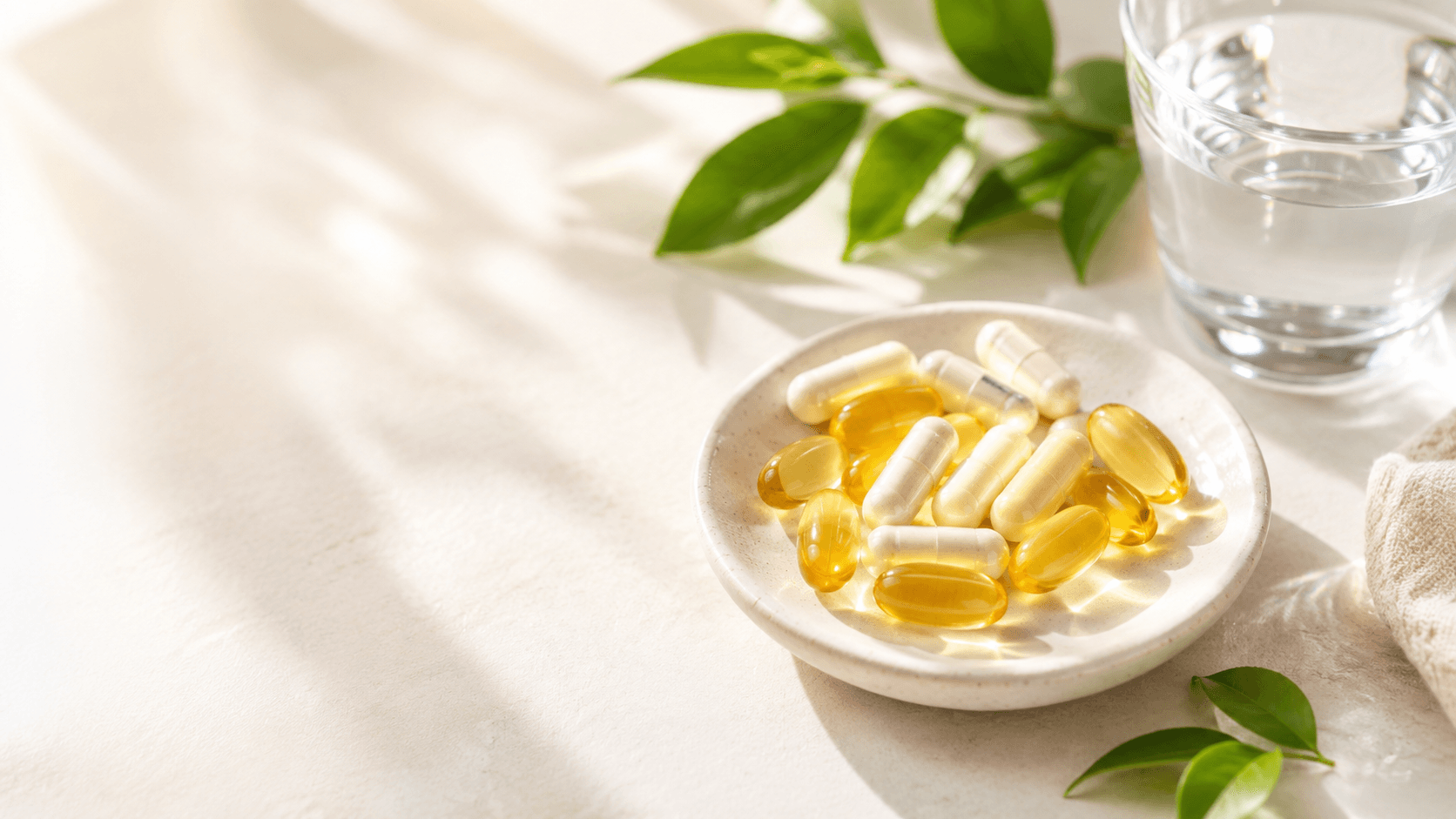 Vitamin D and Vitamin K2 supplements with a glass of water on a bright wellness background