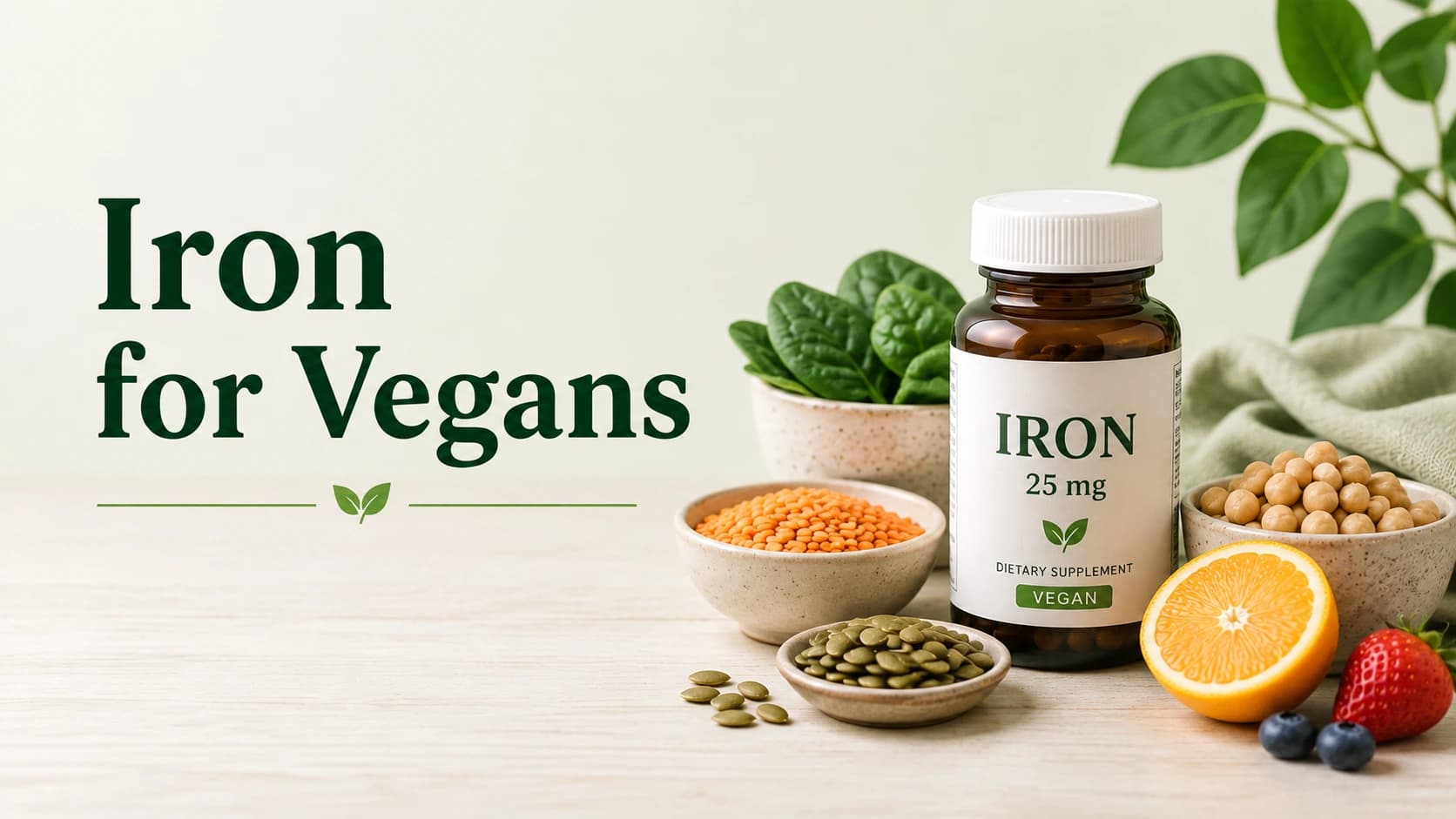 Iron supplement bottle with iron-rich vegan foods including lentils, chickpeas, pumpkin seeds, spinach, and vitamin C fruits