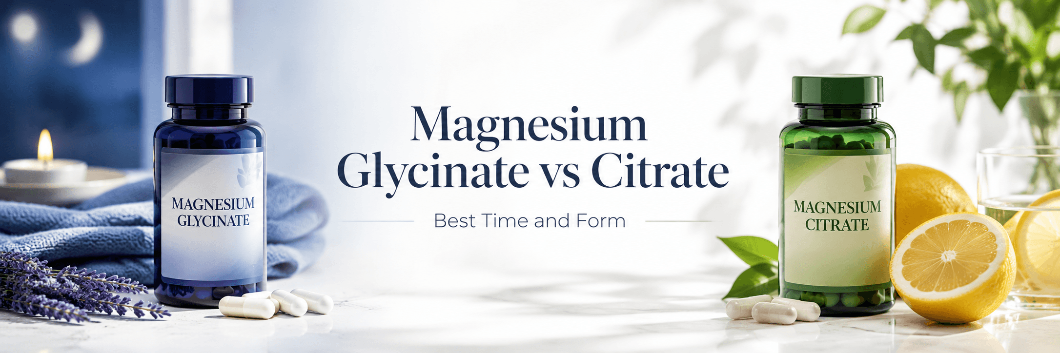 Magnesium glycinate and magnesium citrate bottles with capsules, lavender, lemons, and a sleep-to-daytime timing theme