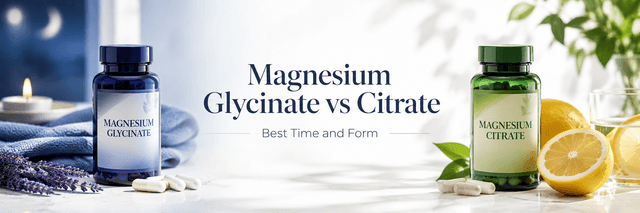 Magnesium glycinate and magnesium citrate bottles with capsules, lavender, lemons, and a sleep-to-daytime timing theme
