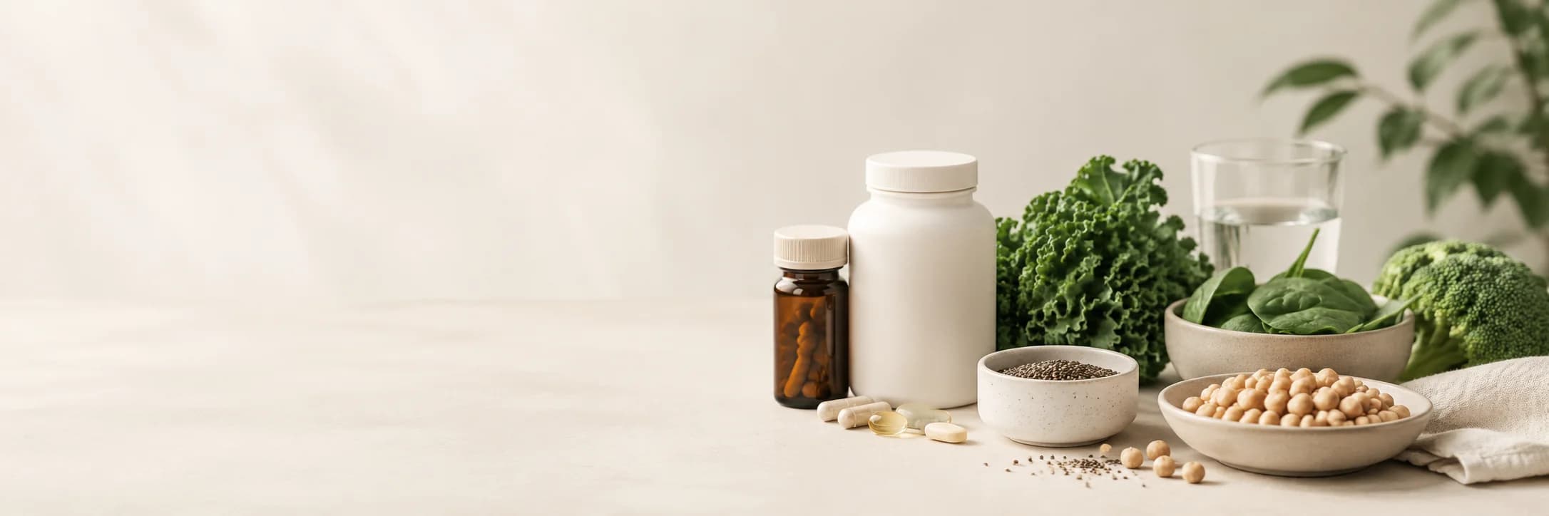 Vegan supplements and plant-based foods arranged in a clean wellness setting