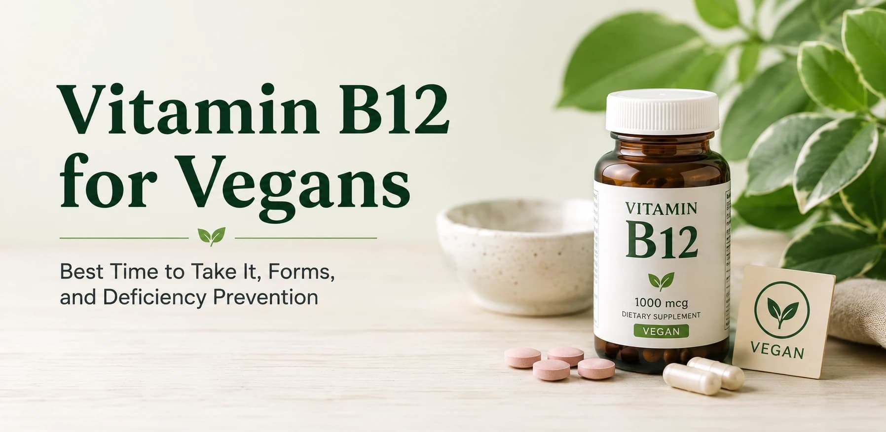 Vitamin B12 supplement bottle with vegan-friendly plant elements on a clean light background