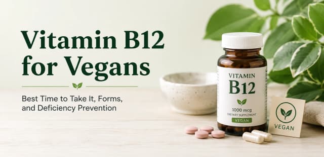 Vitamin B12 supplement bottle with vegan-friendly plant elements on a clean light background
