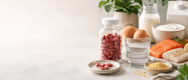 Vitamin B12 timing guide with supplement bottle, water, dairy, eggs, fish, and nutritional yeast