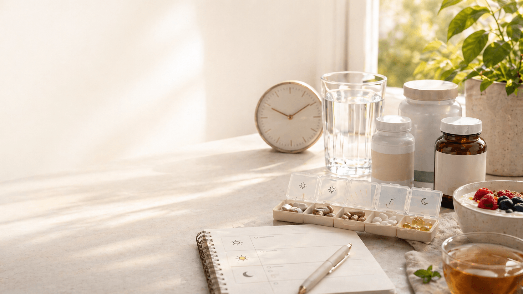 Vitamin C timing guide with supplement bottles, water, clock, pill organizer, yogurt with berries, and tea