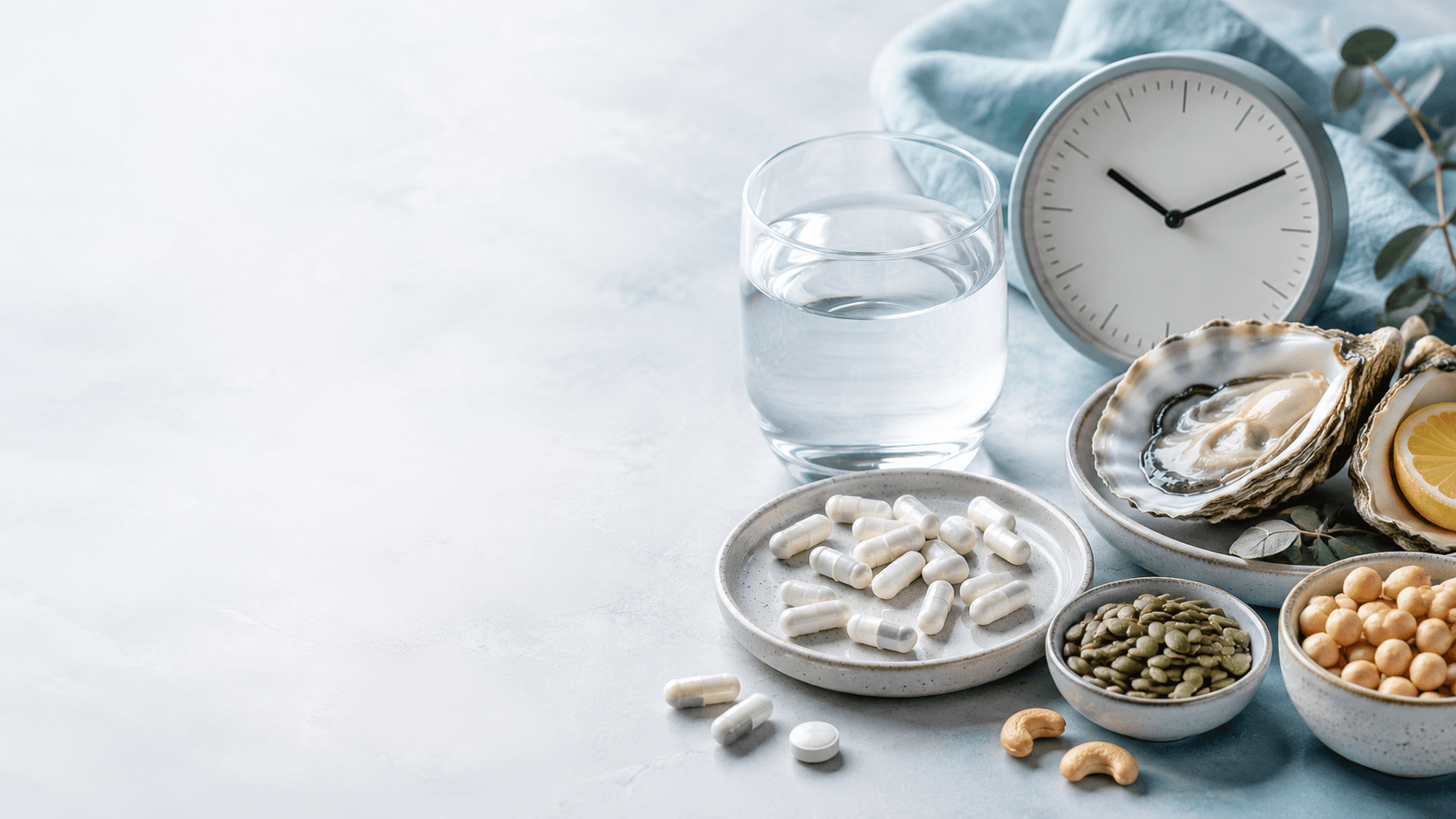 Zinc supplement timing guide with capsules, water, clock, oysters, pumpkin seeds, chickpeas, and cashews