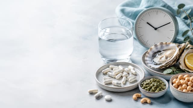 Zinc supplement timing guide with capsules, water, clock, oysters, pumpkin seeds, chickpeas, and cashews