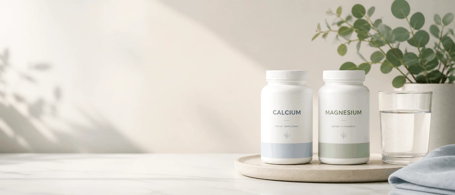 Calcium supplement guide with minimalist bottles, water, and a clean wellness setting